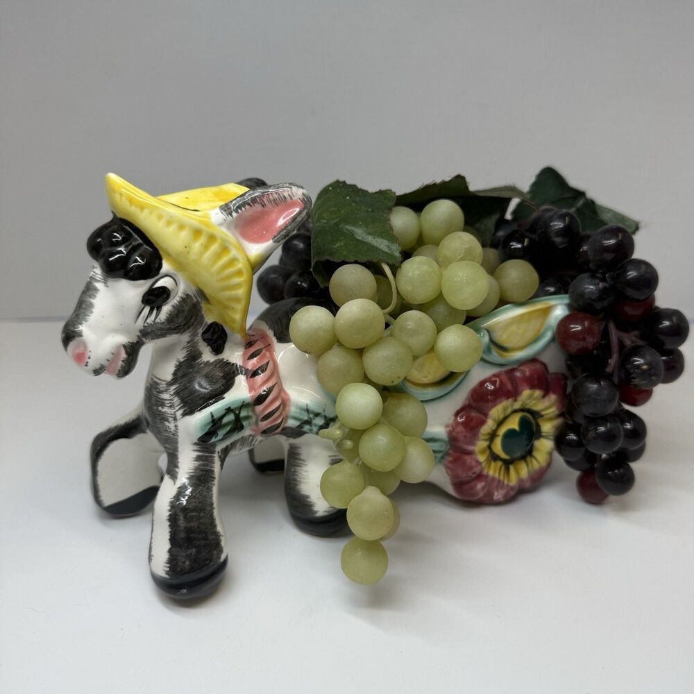 Vintage Ceramic Donkey Pulling Open Cart With Grapes Container Dish Figurine